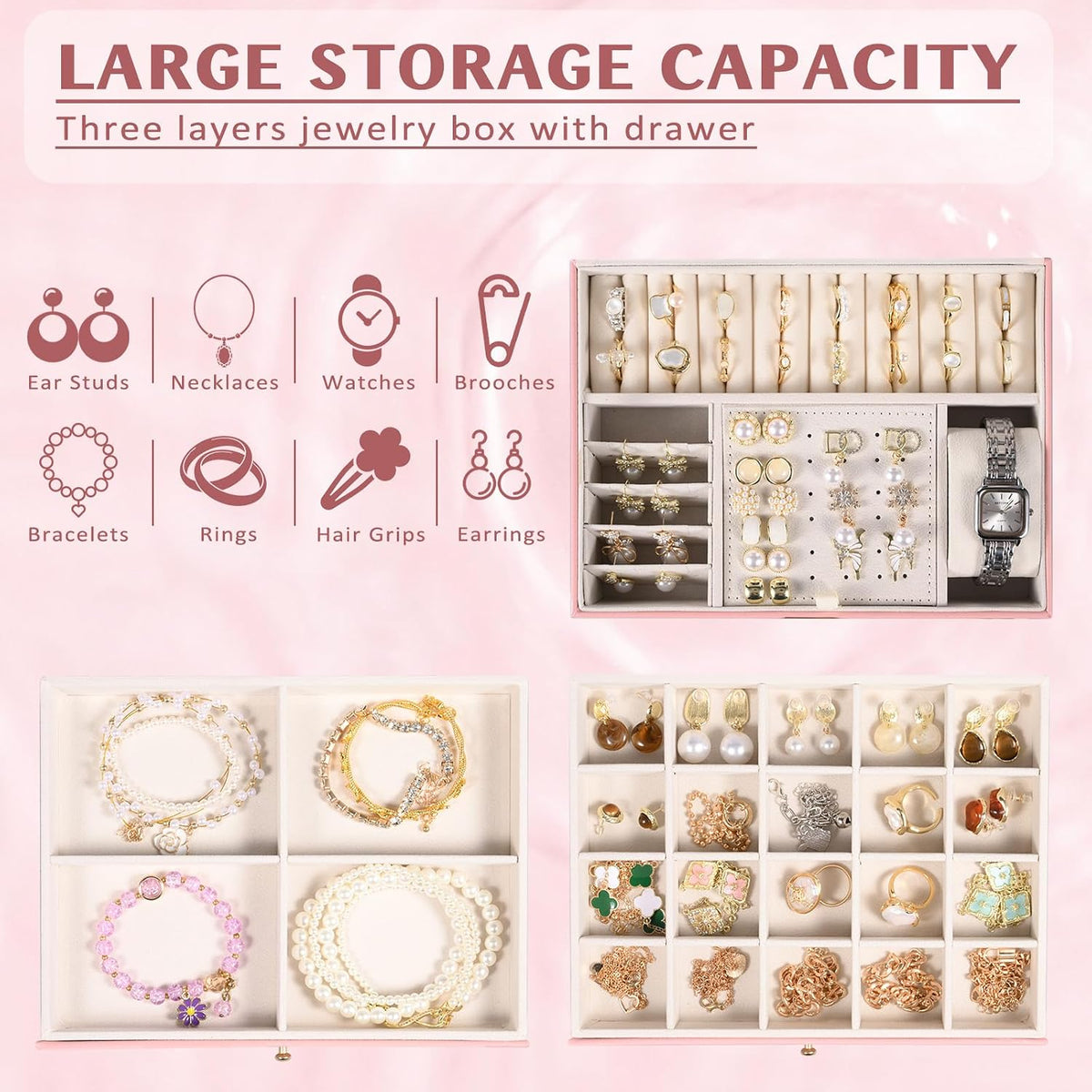 3 Layer Jewelry Boxes Large Jewelry Holder Organizer Case with 2 Jewelry Organizer Drawer PU Necklace Organizer Lockable Upgrade Mirror Gifts for Women, Pink
