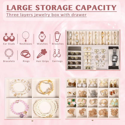 3 Layer Jewelry Boxes Large Jewelry Holder Organizer Case with 2 Jewelry Organizer Drawer PU Necklace Organizer Lockable Upgrade Mirror Gifts for Women, Pink