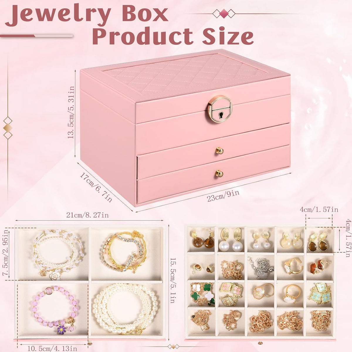 3 Layer Jewelry Boxes Large Jewelry Holder Organizer Case with 2 Jewelry Organizer Drawer PU Necklace Organizer Lockable Upgrade Mirror Gifts for Women, Pink