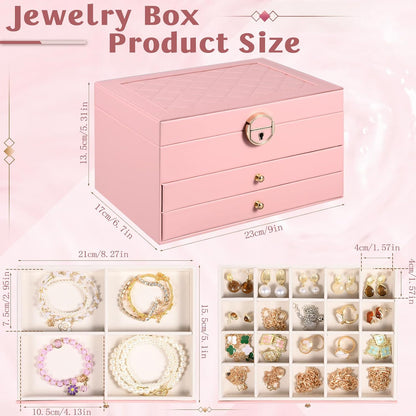 3 Layer Jewelry Boxes Large Jewelry Holder Organizer Case with 2 Jewelry Organizer Drawer PU Necklace Organizer Lockable Upgrade Mirror Gifts for Women, Pink