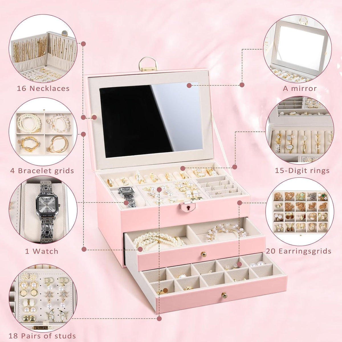 3 Layer Jewelry Boxes Large Jewelry Holder Organizer Case with 2 Jewelry Organizer Drawer PU Necklace Organizer Lockable Upgrade Mirror Gifts for Women, Pink