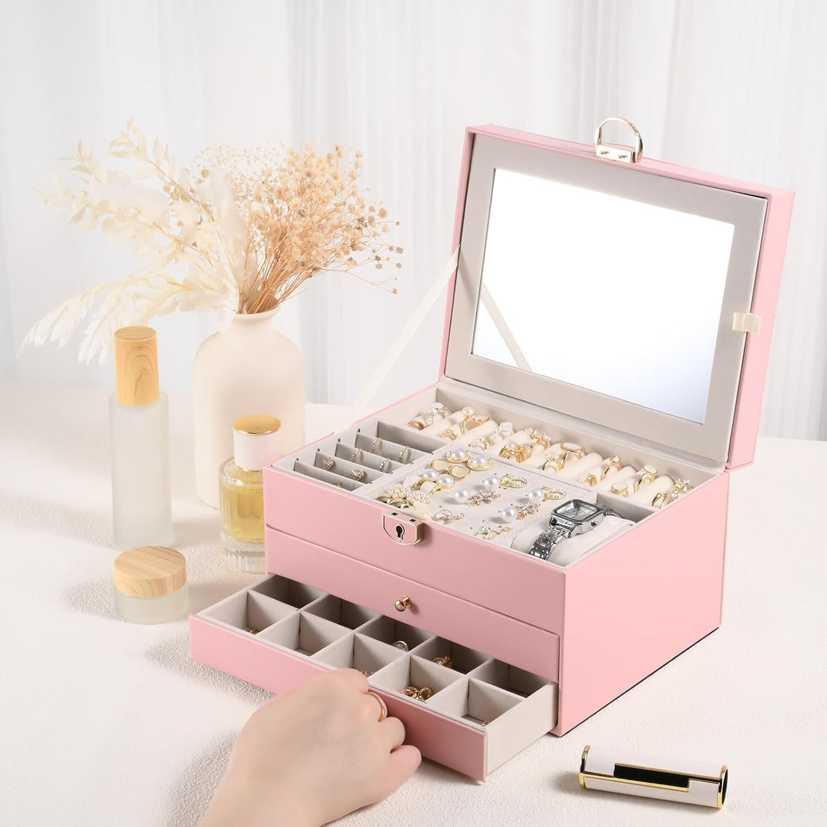 3 Layer Jewelry Boxes Large Jewelry Holder Organizer Case with 2 Jewelry Organizer Drawer PU Necklace Organizer Lockable Upgrade Mirror Gifts for Women, Pink