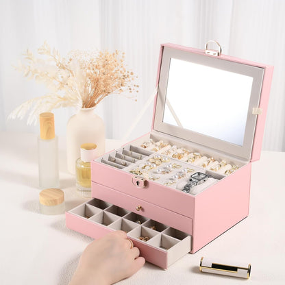 3 Layer Jewelry Boxes Large Jewelry Holder Organizer Case with 2 Jewelry Organizer Drawer PU Necklace Organizer Lockable Upgrade Mirror Gifts for Women, Pink