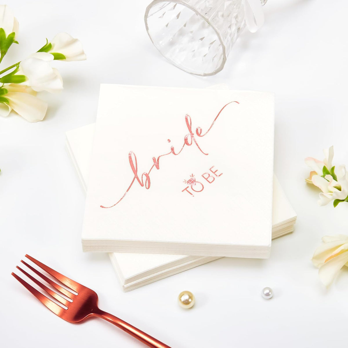 50 Pcs Bride to Be Rose Gold Foil Cocktail Disposable Paper Napkins for Engagement, Wedding, Bridal Shower Party Decoration, 3-Ply