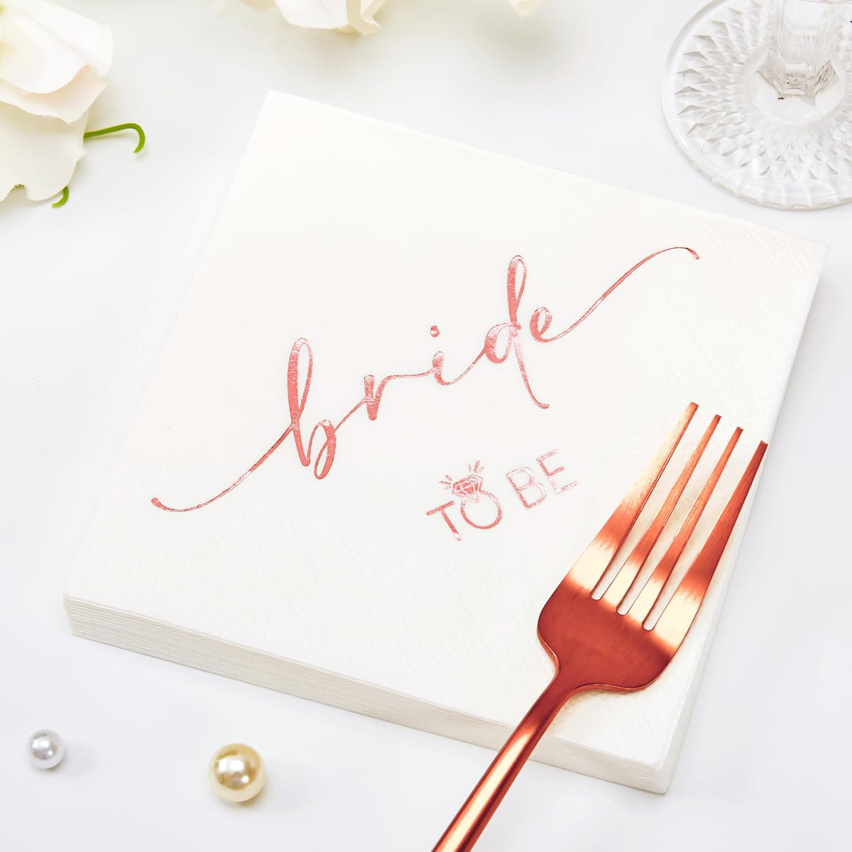 50 Pcs Bride to Be Rose Gold Foil Cocktail Disposable Paper Napkins for Engagement, Wedding, Bridal Shower Party Decoration, 3-Ply