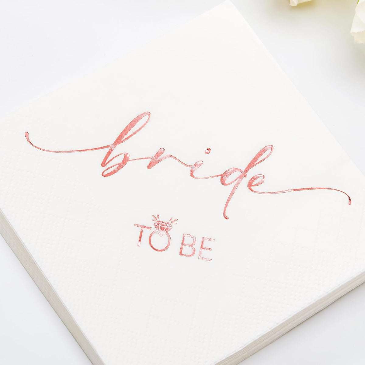 50 Pcs Bride to Be Rose Gold Foil Cocktail Disposable Paper Napkins for Engagement, Wedding, Bridal Shower Party Decoration, 3-Ply
