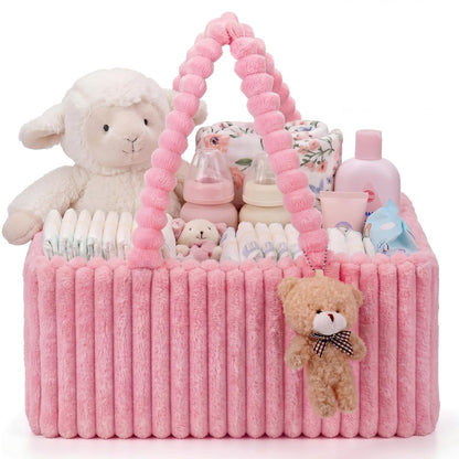 Flannel Baby Diaper Caddy Organizer with Teddy Bear, Baby Shower Gift Basket with Handle, Portable Nursery Storage Basket Bin for Diapers, Wipes, Newborn Essentials(Pink)