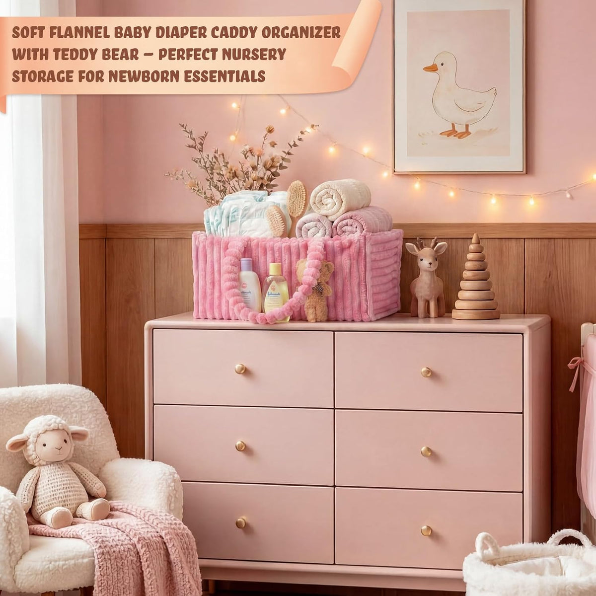 Flannel Baby Diaper Caddy Organizer with Teddy Bear, Baby Shower Gift Basket with Handle, Portable Nursery Storage Basket Bin for Diapers, Wipes, Newborn Essentials(Pink)