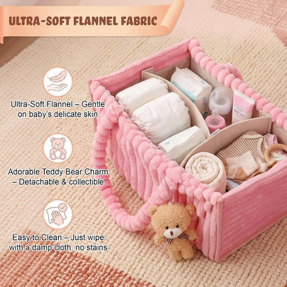 Flannel Baby Diaper Caddy Organizer with Teddy Bear, Baby Shower Gift Basket with Handle, Portable Nursery Storage Basket Bin for Diapers, Wipes, Newborn Essentials(Pink)