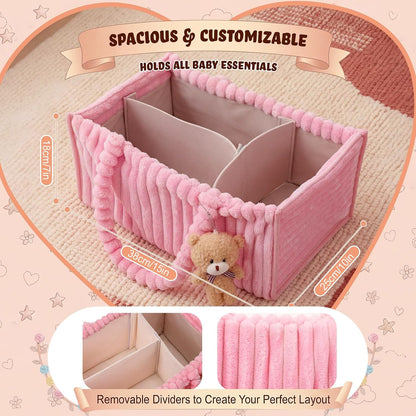 Flannel Baby Diaper Caddy Organizer with Teddy Bear, Baby Shower Gift Basket with Handle, Portable Nursery Storage Basket Bin for Diapers, Wipes, Newborn Essentials(Pink)