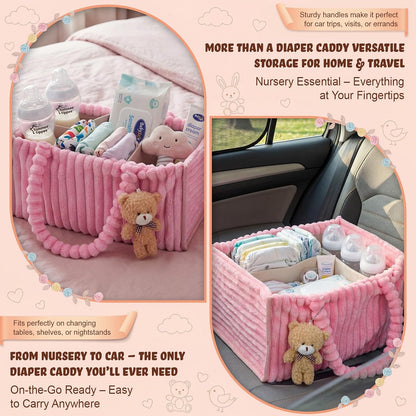Flannel Baby Diaper Caddy Organizer with Teddy Bear, Baby Shower Gift Basket with Handle, Portable Nursery Storage Basket Bin for Diapers, Wipes, Newborn Essentials(Pink)