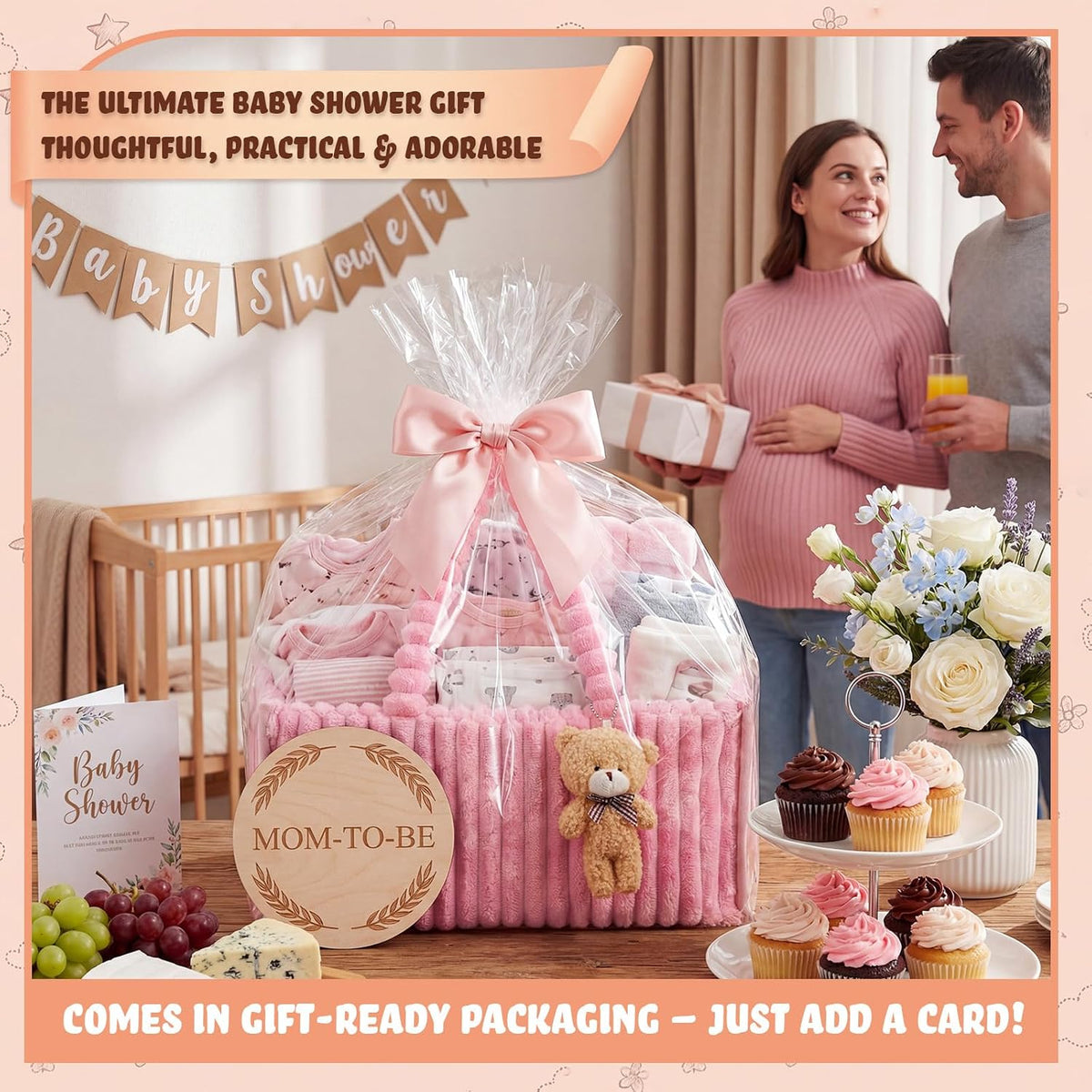 Flannel Baby Diaper Caddy Organizer with Teddy Bear, Baby Shower Gift Basket with Handle, Portable Nursery Storage Basket Bin for Diapers, Wipes, Newborn Essentials(Pink)