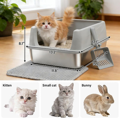 Stainless Steel Litter Box with Lid,Open Top Low Entry Litter Box, Metal Kitty Litter Box for Medium/Small Cats,Odor Control,Anti-Leakage, Non-Sticky, Includes Mat&Scoop,17.5x13.6x8in,