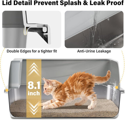 Stainless Steel Litter Box with Lid,Open Top Low Entry Litter Box, Metal Kitty Litter Box for Medium/Small Cats,Odor Control,Anti-Leakage, Non-Sticky, Includes Mat&Scoop,17.5x13.6x8in,