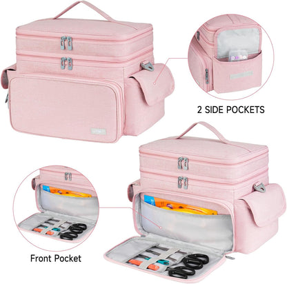 Large Sewing Supplies Organizer Storage Bag,Double-Layer Protable Travel Sewing Basket for Sew Accessories & Tools,Pink(Bag Only)
