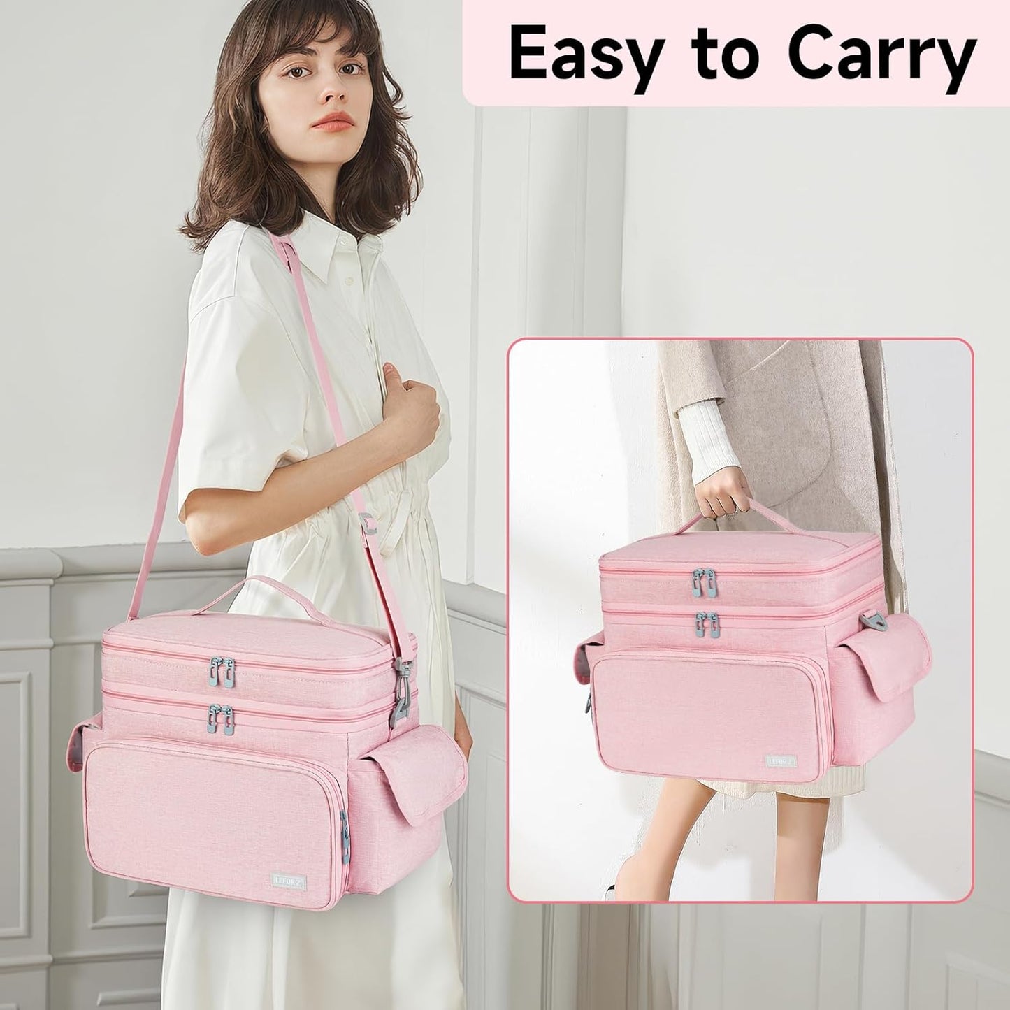 Large Sewing Supplies Organizer Storage Bag,Double-Layer Protable Travel Sewing Basket for Sew Accessories & Tools,Pink(Bag Only)