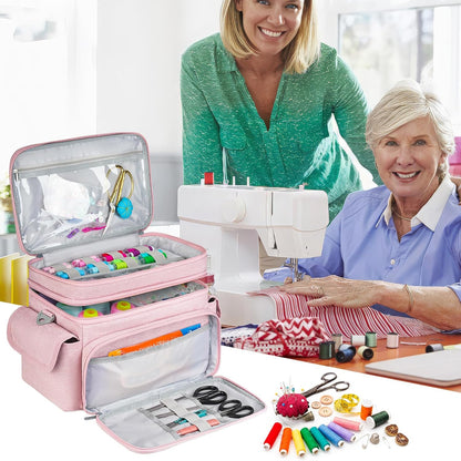 Large Sewing Supplies Organizer Storage Bag,Double-Layer Protable Travel Sewing Basket for Sew Accessories & Tools,Pink(Bag Only)
