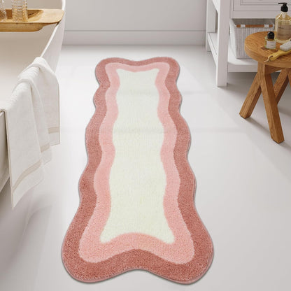 Pink Bathroom Rug Runner, 24x59 Inch Soft Non Slip Bath Rugs for Bathroom, Microfiber Absorbent Washable Irregular Shaped Rug Floor Mat for Bedroom Bathtub Tub Shower