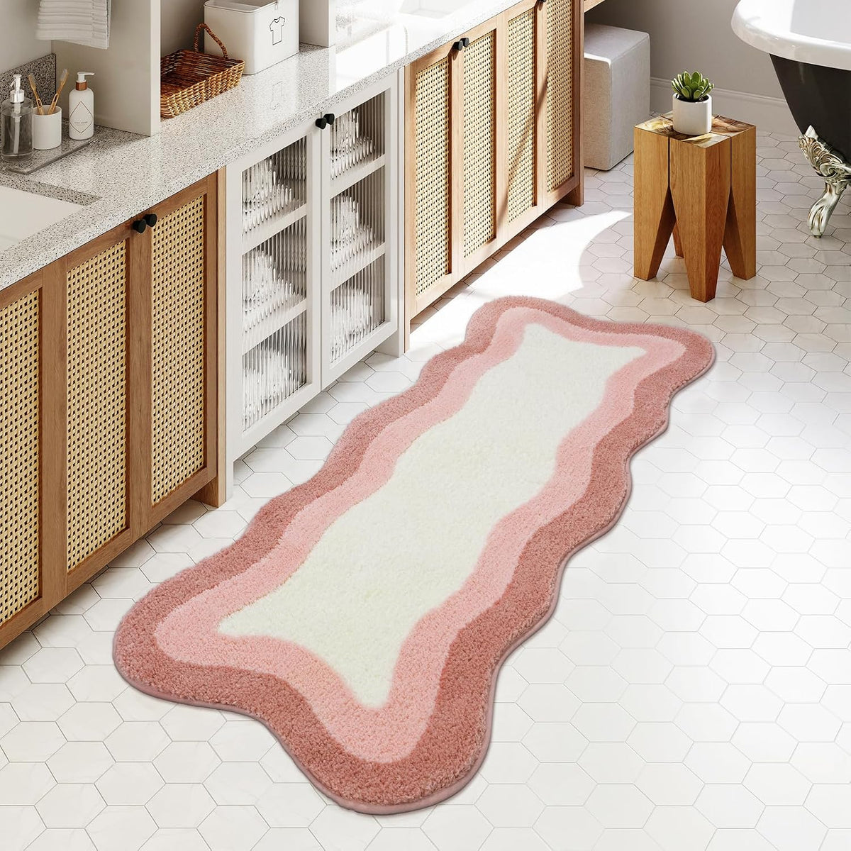 Pink Bathroom Rug Runner, 24x59 Inch Soft Non Slip Bath Rugs for Bathroom, Microfiber Absorbent Washable Irregular Shaped Rug Floor Mat for Bedroom Bathtub Tub Shower