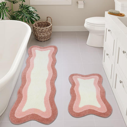 Pink Bathroom Rug Runner, 24x59 Inch Soft Non Slip Bath Rugs for Bathroom, Microfiber Absorbent Washable Irregular Shaped Rug Floor Mat for Bedroom Bathtub Tub Shower