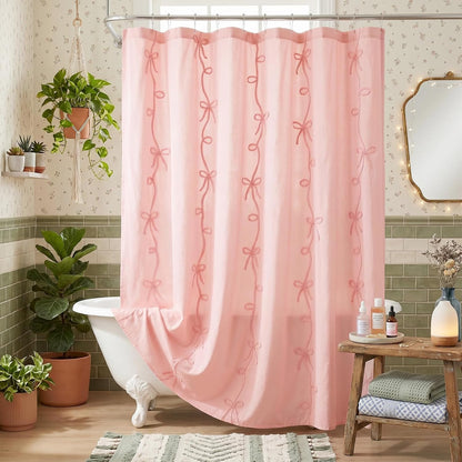 Pink Bow Shower Curtain with Cording Bow Embroidery 72x72 Inches