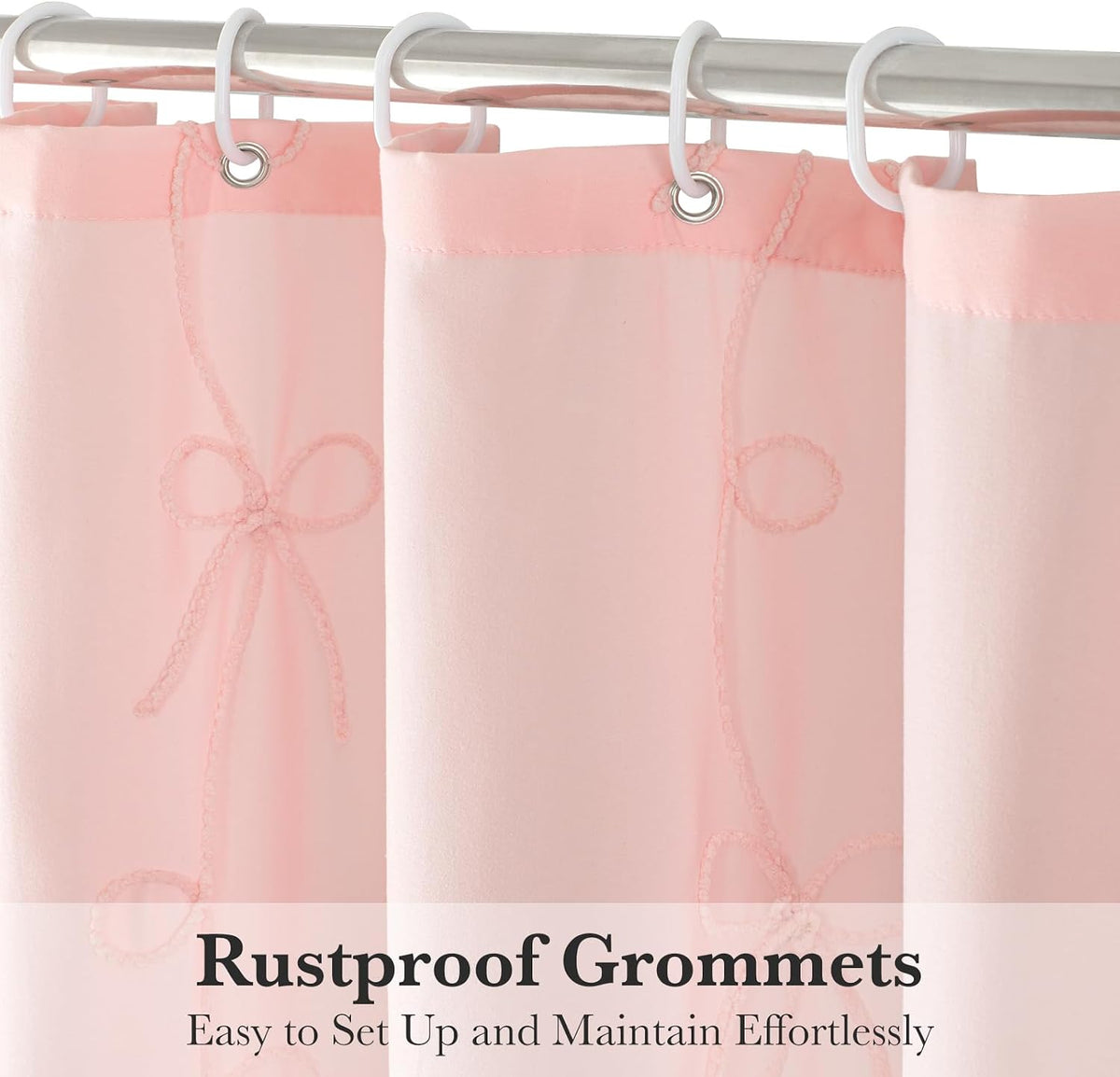 Pink Bow Shower Curtain with Cording Bow Embroidery 72x72 Inches
