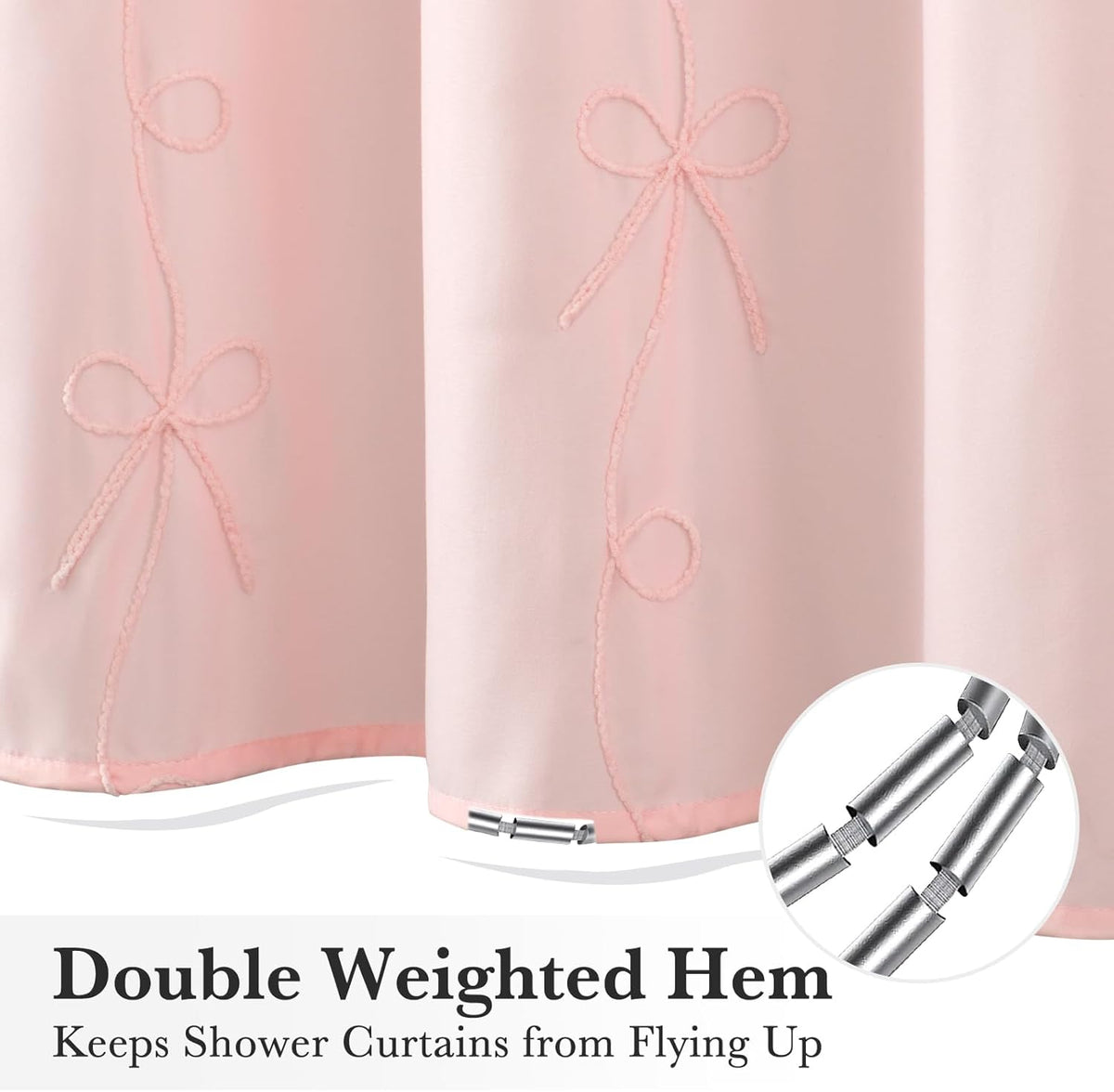 Pink Bow Shower Curtain with Cording Bow Embroidery 72x72 Inches