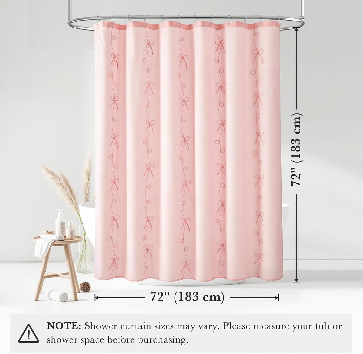 Pink Bow Shower Curtain with Cording Bow Embroidery 72x72 Inches