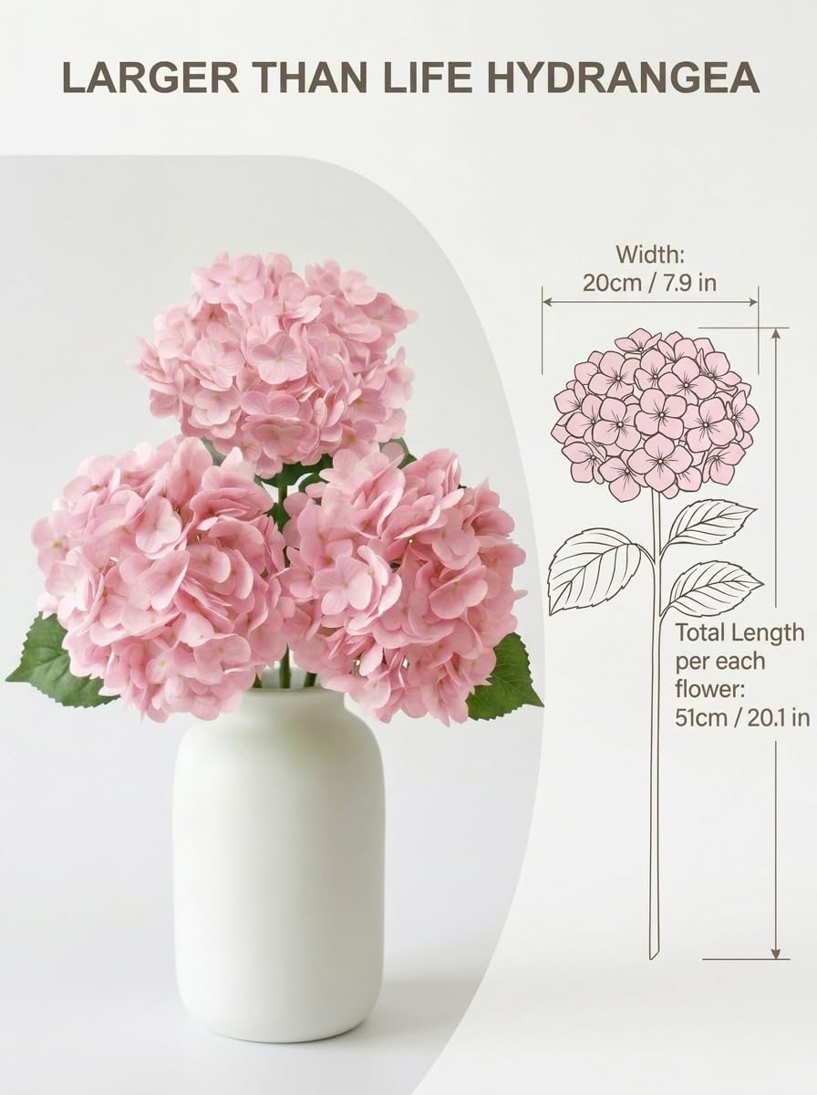 3 Pcs Real Touch Light Pink Hydrangea Artificial Flowers - Large 3D Waterproof Latex Blush Pink Faux Fake Hydrangeas with Stem for Outdoor, Wedding, Table Centerpieces, Home Kitchen Decor