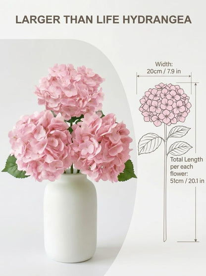 3 Pcs Real Touch Light Pink Hydrangea Artificial Flowers - Large 3D Waterproof Latex Blush Pink Faux Fake Hydrangeas with Stem for Outdoor, Wedding, Table Centerpieces, Home Kitchen Decor