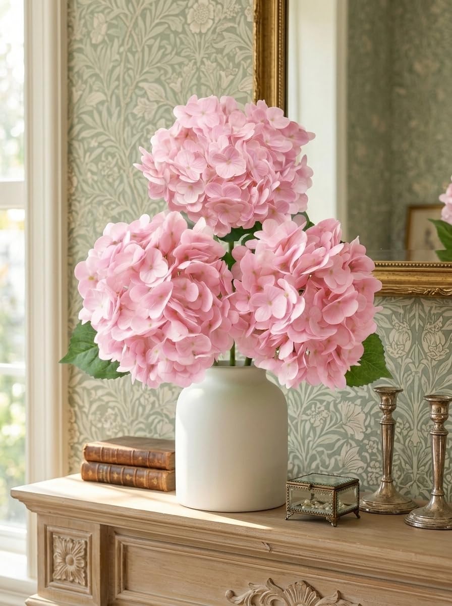 3 Pcs Real Touch Light Pink Hydrangea Artificial Flowers - Large 3D Waterproof Latex Blush Pink Faux Fake Hydrangeas with Stem for Outdoor, Wedding, Table Centerpieces, Home Kitchen Decor