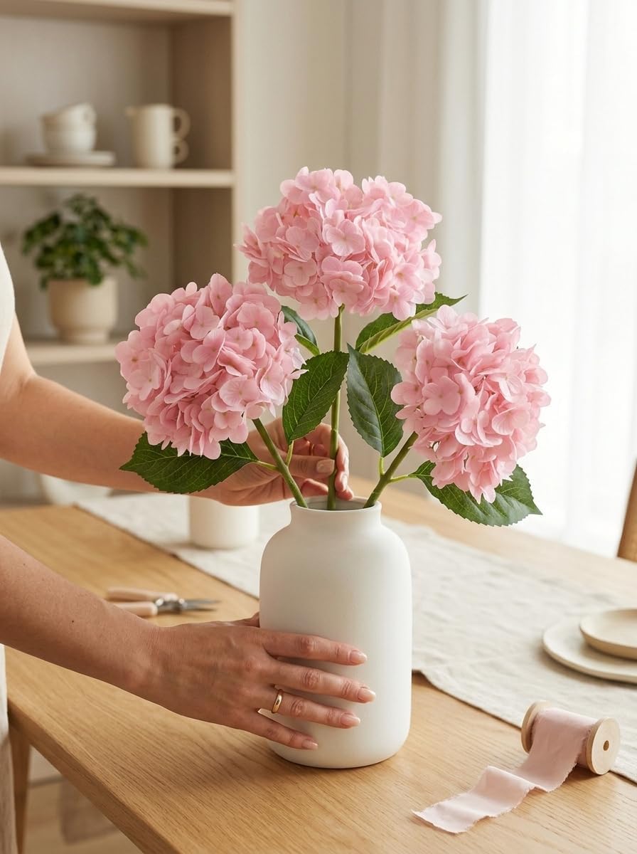 3 Pcs Real Touch Light Pink Hydrangea Artificial Flowers - Large 3D Waterproof Latex Blush Pink Faux Fake Hydrangeas with Stem for Outdoor, Wedding, Table Centerpieces, Home Kitchen Decor