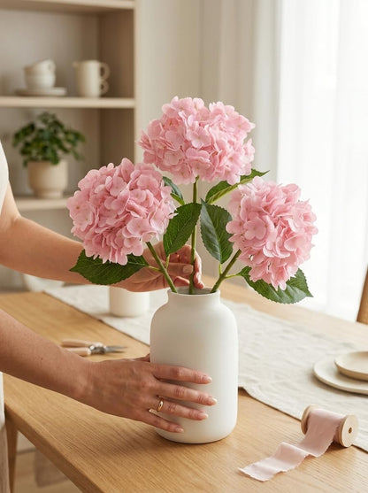 3 Pcs Real Touch Light Pink Hydrangea Artificial Flowers - Large 3D Waterproof Latex Blush Pink Faux Fake Hydrangeas with Stem for Outdoor, Wedding, Table Centerpieces, Home Kitchen Decor