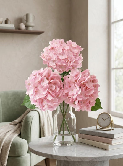 3 Pcs Real Touch Light Pink Hydrangea Artificial Flowers - Large 3D Waterproof Latex Blush Pink Faux Fake Hydrangeas with Stem for Outdoor, Wedding, Table Centerpieces, Home Kitchen Decor