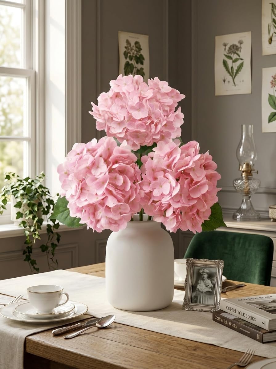 3 Pcs Real Touch Light Pink Hydrangea Artificial Flowers - Large 3D Waterproof Latex Blush Pink Faux Fake Hydrangeas with Stem for Outdoor, Wedding, Table Centerpieces, Home Kitchen Decor