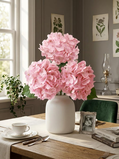 3 Pcs Real Touch Light Pink Hydrangea Artificial Flowers - Large 3D Waterproof Latex Blush Pink Faux Fake Hydrangeas with Stem for Outdoor, Wedding, Table Centerpieces, Home Kitchen Decor