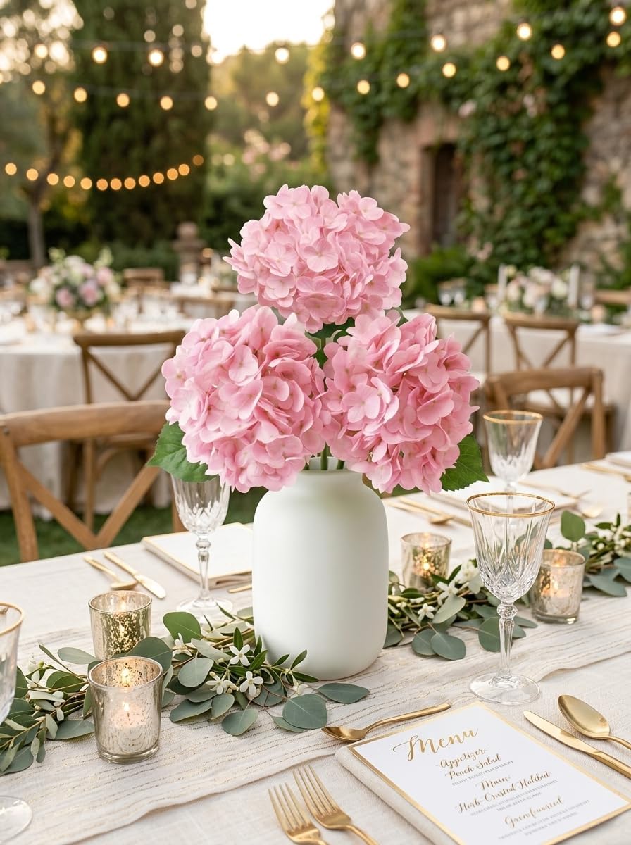 3 Pcs Real Touch Light Pink Hydrangea Artificial Flowers - Large 3D Waterproof Latex Blush Pink Faux Fake Hydrangeas with Stem for Outdoor, Wedding, Table Centerpieces, Home Kitchen Decor