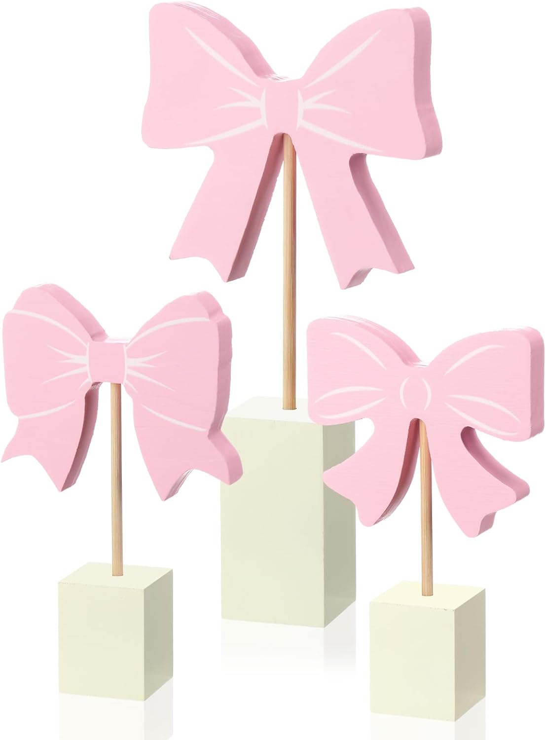 3 Pcs Pink Bow Nursery Decor Wooden Sign Cute Coquette Room Party Shelf Decor with Base Aesthetic Standing Bowknot Table Sign Centerpiece for Nurseries Bedroom Dorm Desk Tabletop Accessories