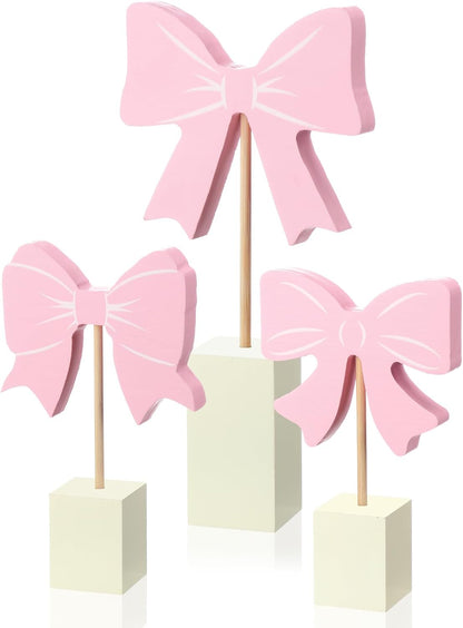 3 Pcs Pink Bow Nursery Decor Wooden Sign Cute Coquette Room Party Shelf Decor with Base Aesthetic Standing Bowknot Table Sign Centerpiece for Nurseries Bedroom Dorm Desk Tabletop Accessories