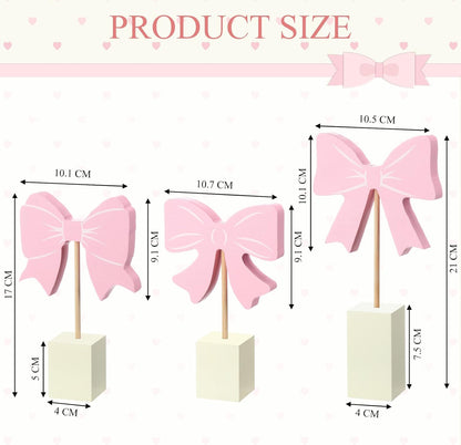 3 Pcs Pink Bow Nursery Decor Wooden Sign Cute Coquette Room Party Shelf Decor with Base Aesthetic Standing Bowknot Table Sign Centerpiece for Nurseries Bedroom Dorm Desk Tabletop Accessories