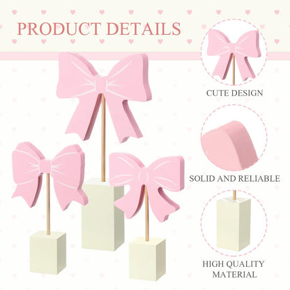 3 Pcs Pink Bow Nursery Decor Wooden Sign Cute Coquette Room Party Shelf Decor with Base Aesthetic Standing Bowknot Table Sign Centerpiece for Nurseries Bedroom Dorm Desk Tabletop Accessories