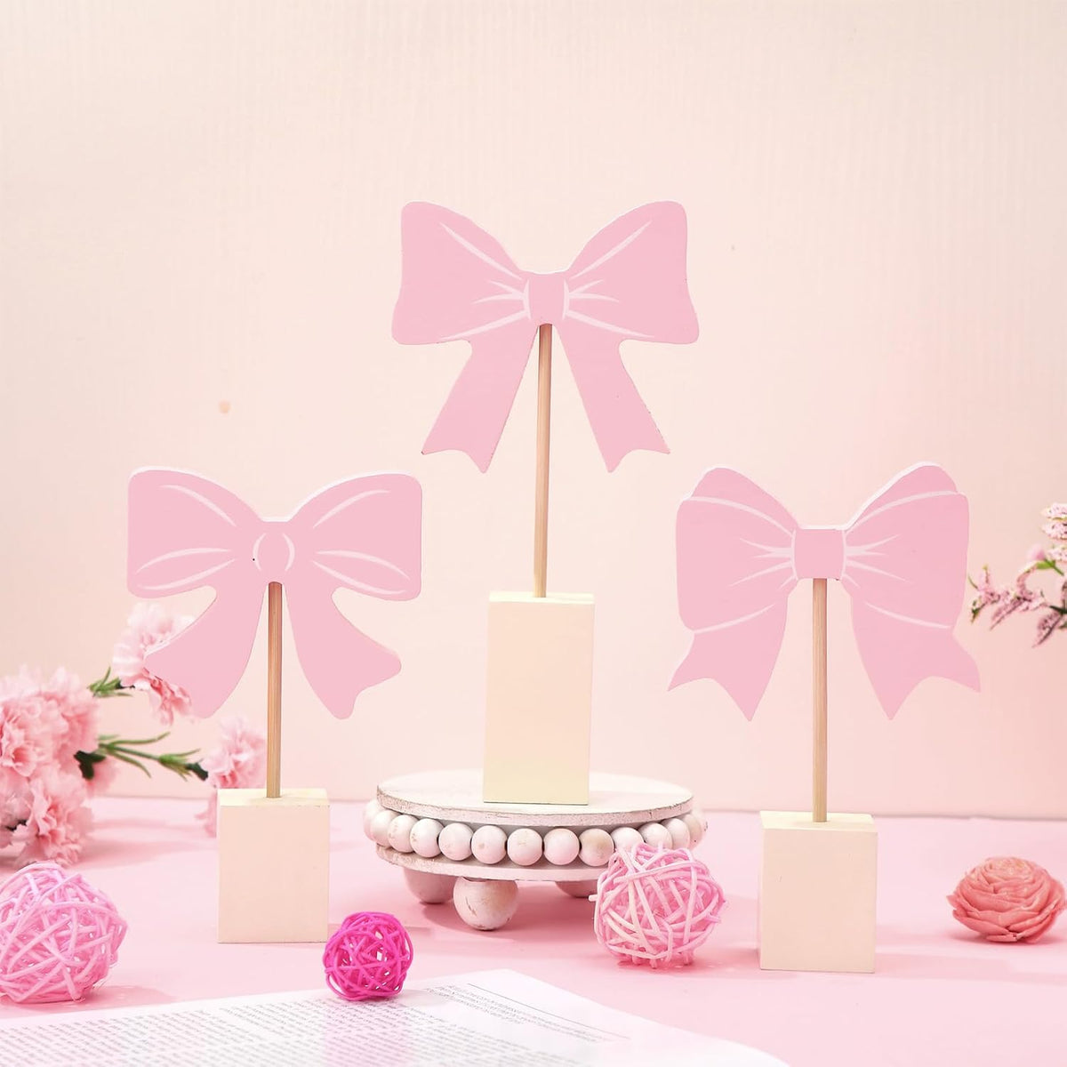 3 Pcs Pink Bow Nursery Decor Wooden Sign Cute Coquette Room Party Shelf Decor with Base Aesthetic Standing Bowknot Table Sign Centerpiece for Nurseries Bedroom Dorm Desk Tabletop Accessories
