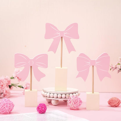 3 Pcs Pink Bow Nursery Decor Wooden Sign Cute Coquette Room Party Shelf Decor with Base Aesthetic Standing Bowknot Table Sign Centerpiece for Nurseries Bedroom Dorm Desk Tabletop Accessories