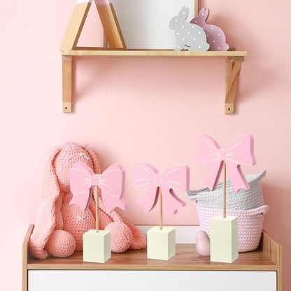 3 Pcs Pink Bow Nursery Decor Wooden Sign Cute Coquette Room Party Shelf Decor with Base Aesthetic Standing Bowknot Table Sign Centerpiece for Nurseries Bedroom Dorm Desk Tabletop Accessories