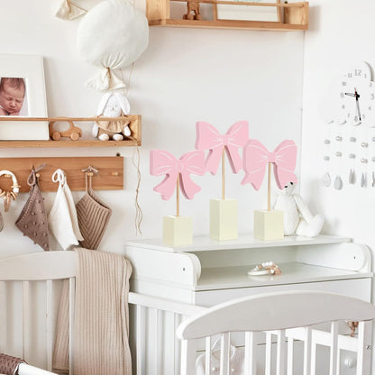 3 Pcs Pink Bow Nursery Decor Wooden Sign Cute Coquette Room Party Shelf Decor with Base Aesthetic Standing Bowknot Table Sign Centerpiece for Nurseries Bedroom Dorm Desk Tabletop Accessories