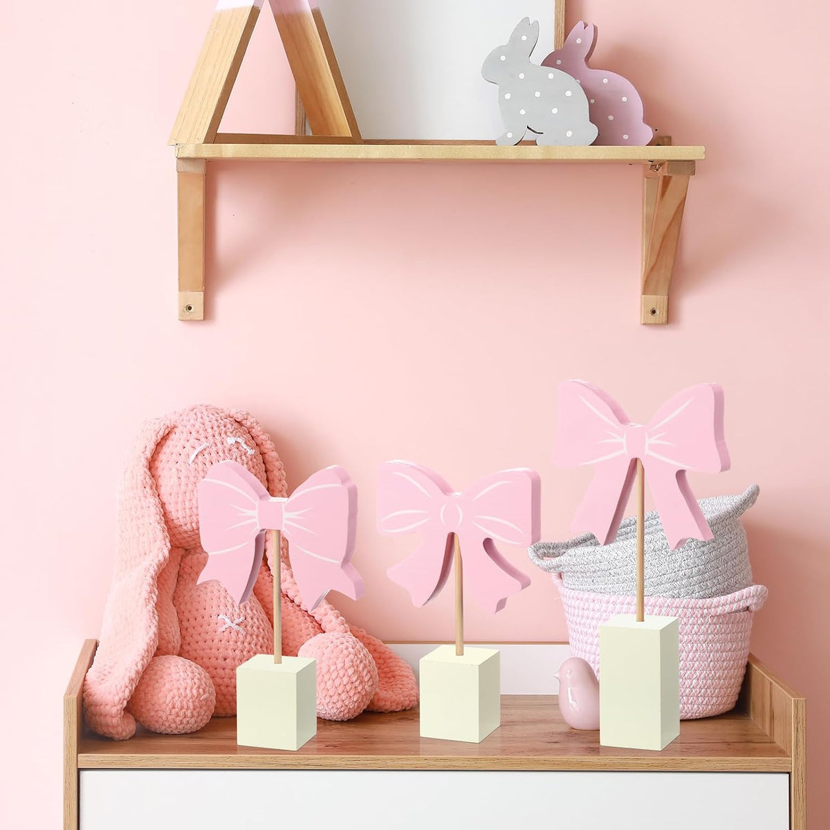 3 Pcs Pink Bow Nursery Decor Wooden Sign Cute Coquette Room Party Shelf Decor with Base Aesthetic Standing Bowknot Table Sign Centerpiece for Nurseries Bedroom Dorm Desk Tabletop Accessories
