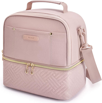 Lunch Bag Women Double Deck Lunch Box Insulated Lunch Cooler for Women Men Work, Pink