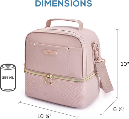Lunch Bag Women Double Deck Lunch Box Insulated Lunch Cooler for Women Men Work, Pink