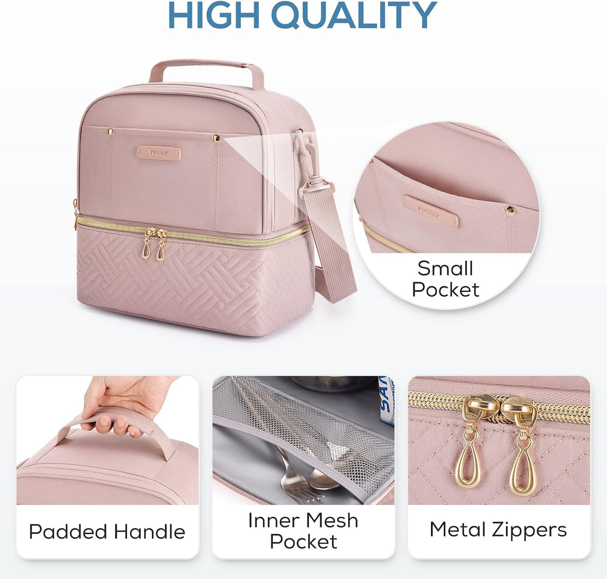 Lunch Bag Women Double Deck Lunch Box Insulated Lunch Cooler for Women Men Work, Pink