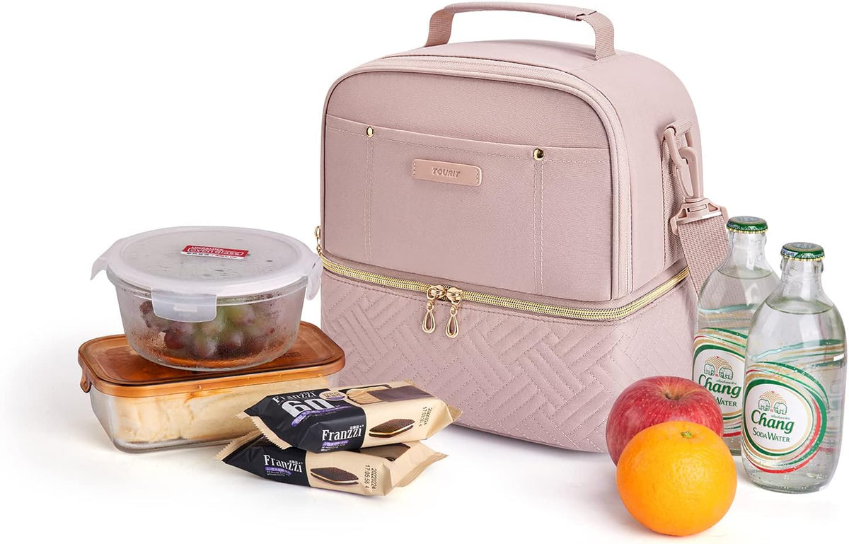 Lunch Bag Women Double Deck Lunch Box Insulated Lunch Cooler for Women Men Work, Pink